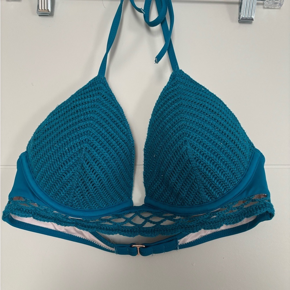 Vibrant Blue Textured Bikini Top with Halter Tie